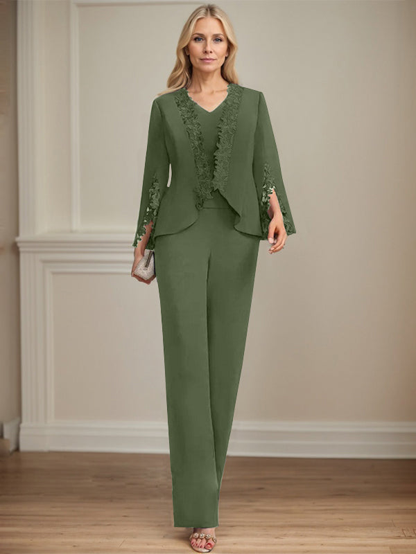 Zweiteiler Jumpsuit/Hosenanzug V-Ausschnitt bodenlanges Chiffon Mutter der Braut Kleid