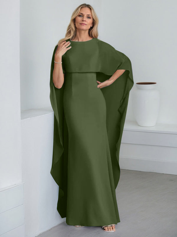 Etui-Kleid mit Rundhalsausschnitt, bodenlang, Chiffon, Mutter-der-Braut-Kleid mit kaskadierenden Rüschen