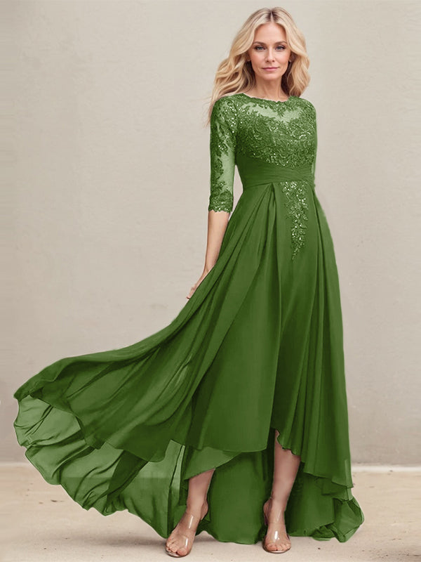 A-Linien Ausschnitt Illusions Asymmetrisches Spitzen-Chiffon Kleid für die Mutter der Braut mit plissierten Pailletten