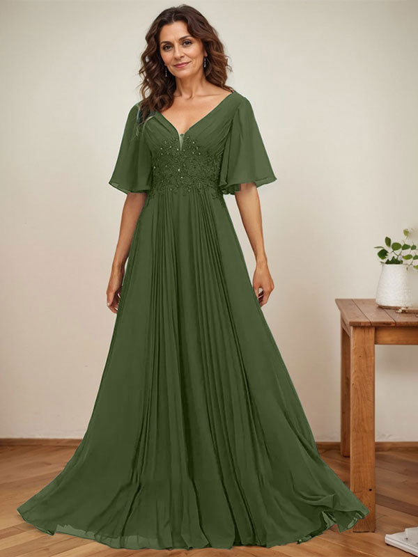 A-Linien V-Ausschnitt bodenlanges Chiffon Mutterkleid der Braut mit Pailletten-Applikationen, Spitze und Falten
