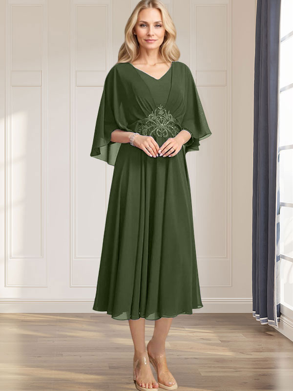Robe de mère de la mariée en mousseline, longueur thé, col en V, en ligne A, avec appliques plissées, sequins, dentelle et perles