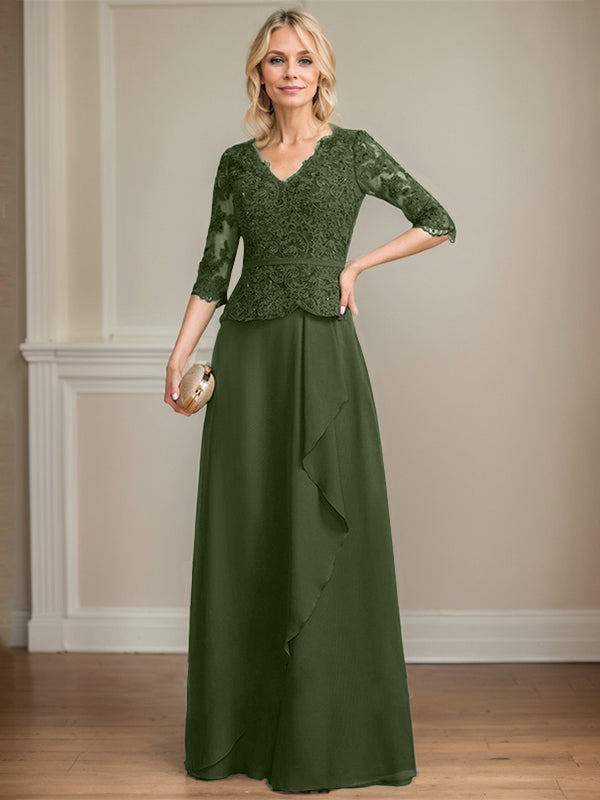 Robe mère de la mariée en dentelle et chiffon, coupe évasée, encolure en V, longue au sol avec volants en cascade et sequins