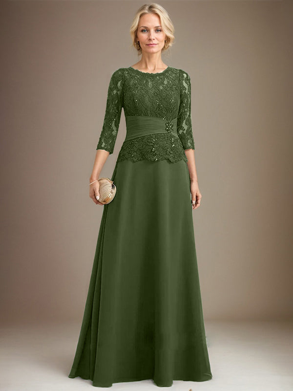 A-Linien Kleid mit Scoop-Ausschnitt, Illusion, bodenlangem Chiffon und Spitze, Mutter-der-Braut-Kleid mit plissierten Pailletten und Perlenbesatz