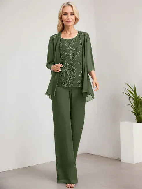 Zweiteiler Jumpsuit/Hosenanzug U-Ausschnitt bodenlanges Spitzen Chiffon Mutter der Braut Kleid mit Pailletten