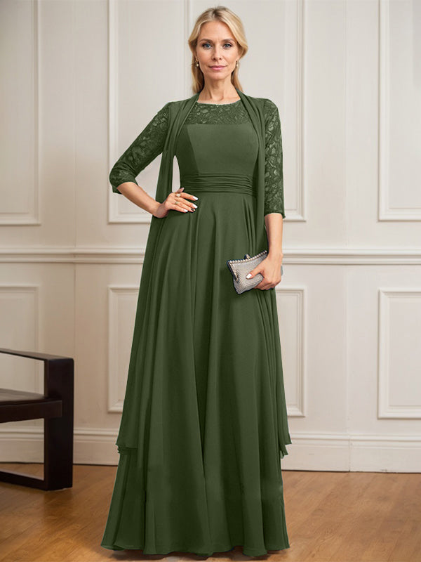 A-Linien Kleid mit Rundhalsausschnitt, Illusion, bodenlang aus Spitze und Chiffon, Mutter-der-Braut-Kleid mit Faltenwurf