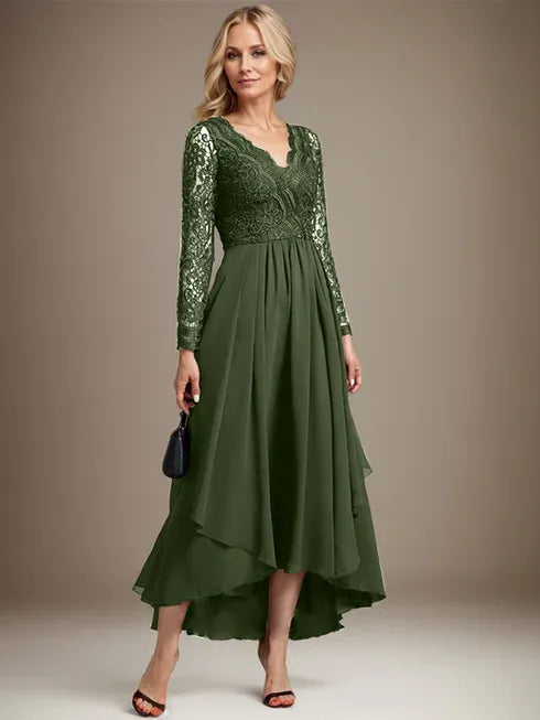 Vestido de madre de la novia en línea A con escote en V, encaje y gasa asimétrica