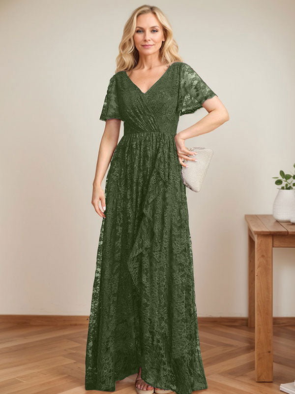 A-Linien Spitzen-Mutter-der-Braut-Kleid mit V-Ausschnitt, asymmetrisch und mit kaskadierenden Rüschen