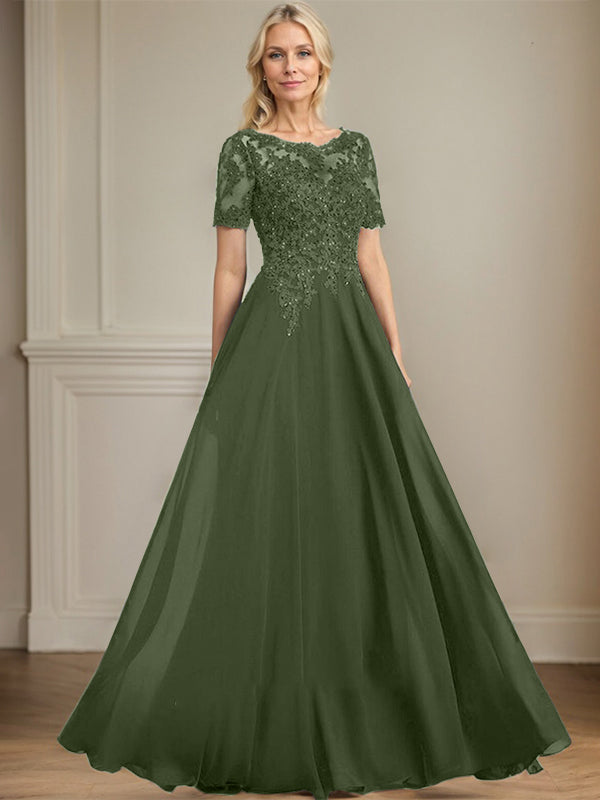 A-Linien Rundhals Illusions-Bodenlanges Chiffon-Spitzenkleid für die Mutter der Braut mit Pailletten und Perlen