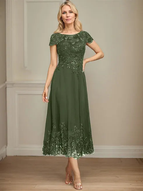 A-Linien Illusions Rundhals tea-langes Spitzenchiffon Mutter der Braut Kleid mit Pailletten