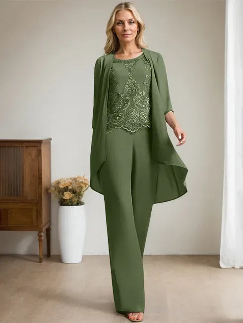 Zweiteiler Jumpsuit/Hosenanzug mit Rundhalsausschnitt, bodenlanges Chiffon-Spitzenkleid für die Mutter der Braut mit Perlen und Pailletten