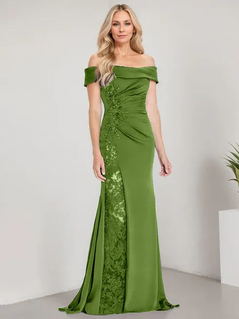 A-Linien Schulterfreies bodenlanges Brautmutterkleid mit Applikationen und Perlenbesatz Meerjungfrauenkleid mit hohem Schlitz