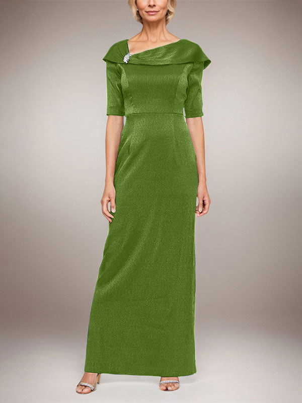 Langes schimmerndes Säulenkleid mit umgeschlagenem Ärmelbündchen, L-Ausschnitt und Ellbogenärmeln