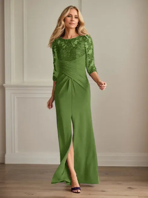 Pflaumenfarbenes eng anliegendes Spitzen Stretch Krepp Kleid für die Brautmutter