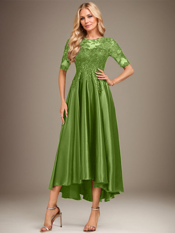 A-Linie Rundhalsausschnitt Illusion Asymmetrisches Stretch-Satin-Spitzen-Brautmutterkleid mit Pailletten