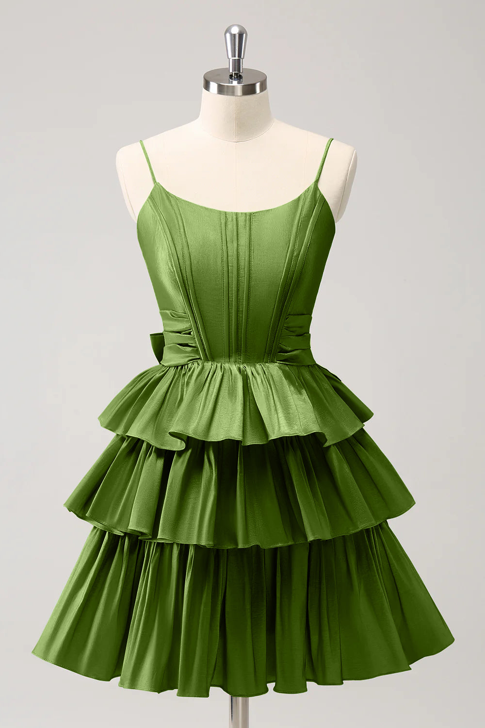 A-Linien Corsagen-Kleid mit Spaghettiträgern, gestuften Rüschen und Schleife für den Abschlussball