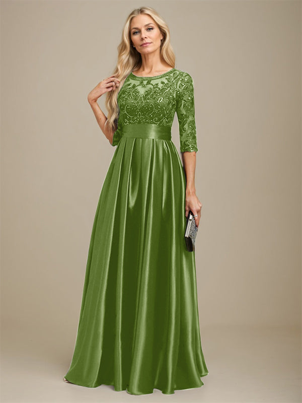 A-Linien Ausschnitt Illusions bodenlanges Stretch-Satin-Spitzenkleid für die Brautmutter mit Schleife und Pailletten