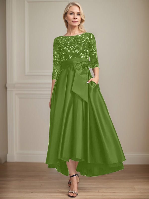 A-line Scoop Illusion Asymmetrical Satin Lace Mother of the Bride Dress With Bow