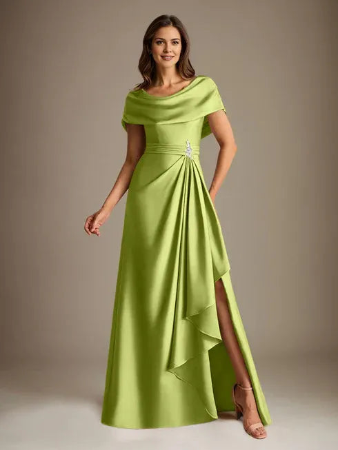 A-Linien-Kleid mit Rundhalsausschnitt, bodenlang, aus Stretch-Satin, Brautmutterkleid mit fallenden Rüschen