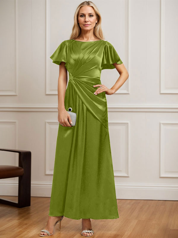 A-Linien Rundhals Knöchellanges Stretch Satin Mutter der Braut Kleid mit Plissierten Perlen