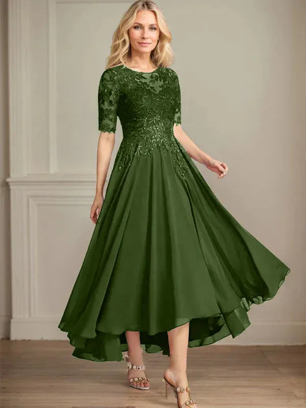 A-Linien Scoop-Ausschnitt Illusion asymmetrisches Chiffon-Spitzen-Mutter-der-Braut-Kleid mit Pailletten