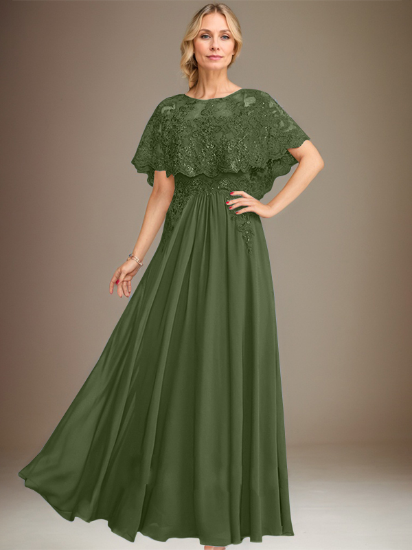A-Linien Spitzen-Chiffon-Mutter-der-Braut-Kleid mit Bootsausschnitt, bodenlang und Applikations-Pailletten