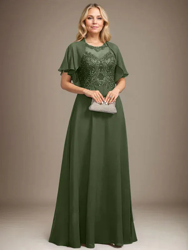 Vestido de madre de la novia de encaje y gasa con ilusión, escote redondo en línea A, largo hasta el suelo con lentejuelas