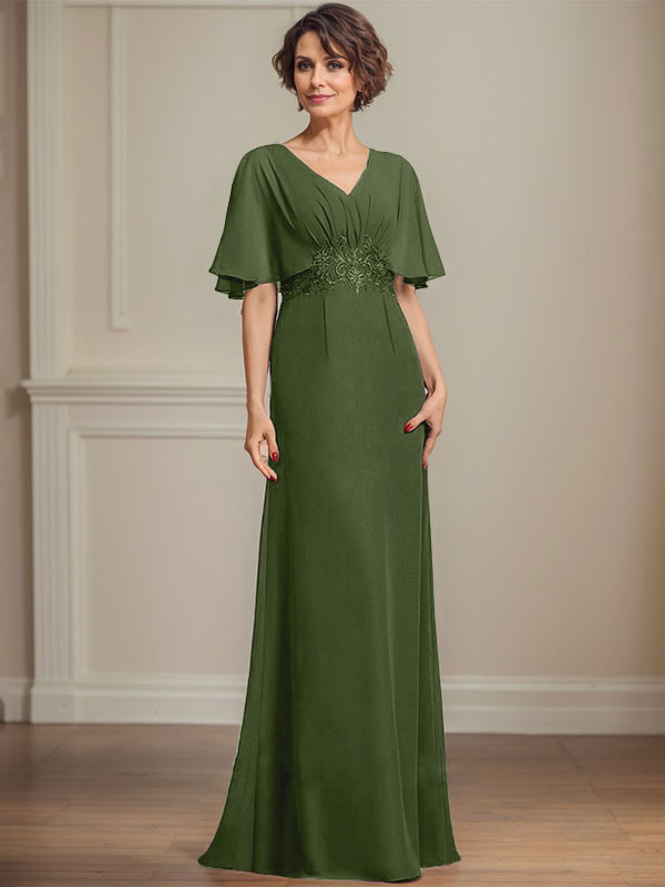 A-Linien Chiffon Mutter-der-Braut-Kleid mit V-Ausschnitt, bodenlang, mit plissierten Pailletten-Applikationen und Spitze