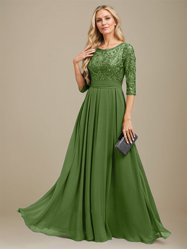 A-Line Scoop Floor-Length Lace Chiffon Mother Of the Bride Dress With Sequins Applique
