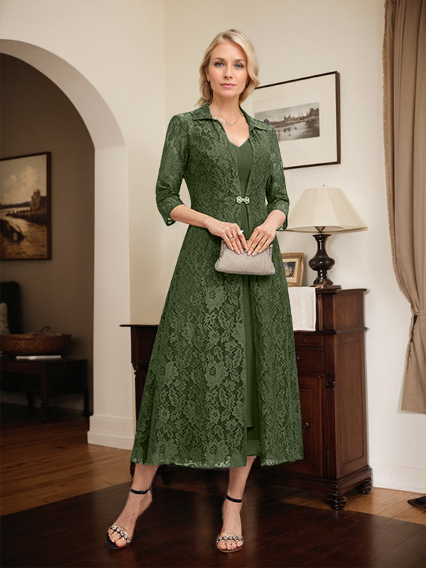 Robe mère de la mariée en mousseline longueur thé à encolure en V et coupe trapèze