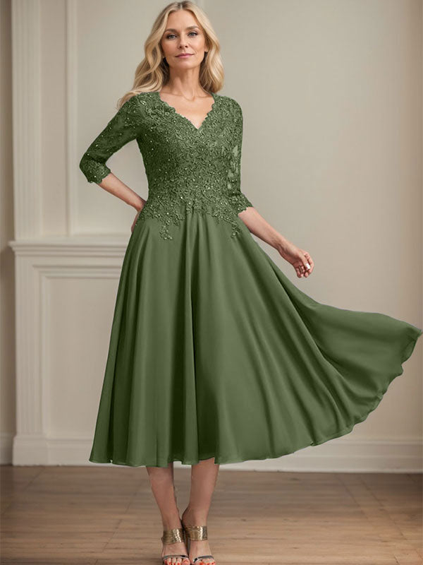 Robe de mère de la mariée en mousseline longueur thé, ligne A, col en V, en dentelle avec perles et sequins