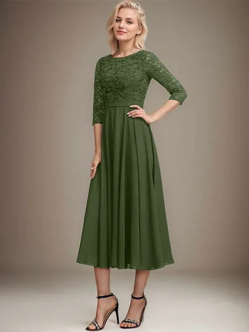 A-Linien Spitzen-Chiffon-Brautmutterkleid mit V-Ausschnitt, tea-length, mit Pailletten