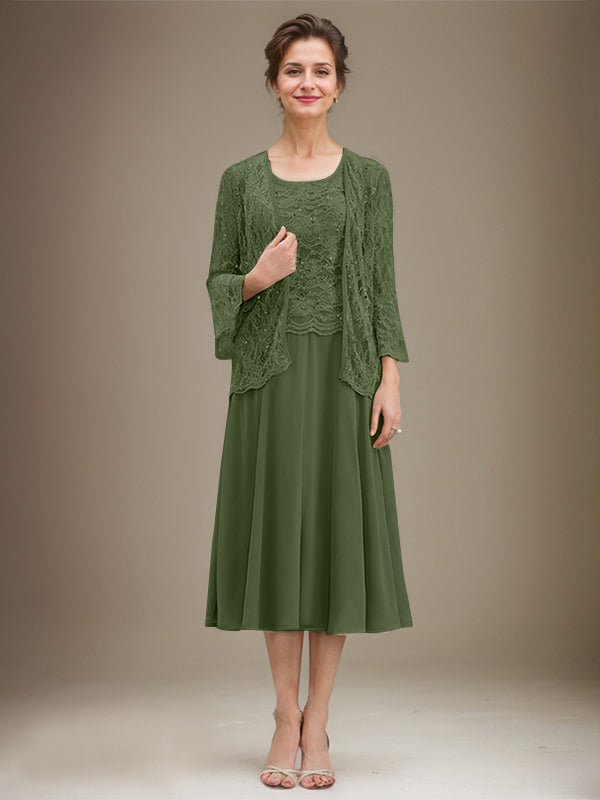 A-Linien Spitzen-Chiffon-Brautmutterkleid mit V-Ausschnitt, tea-length, mit Pailletten