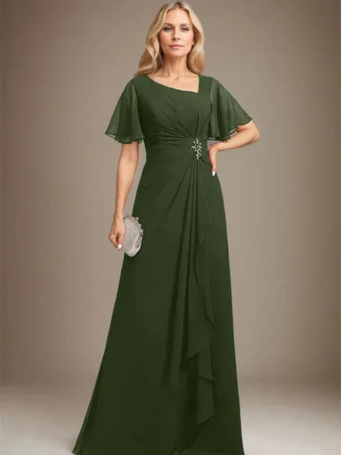 A-Linien asymmetrisches bodenlanges Chiffon Mutter-der-Braut-Kleid mit plissierten Perlen und Pailletten