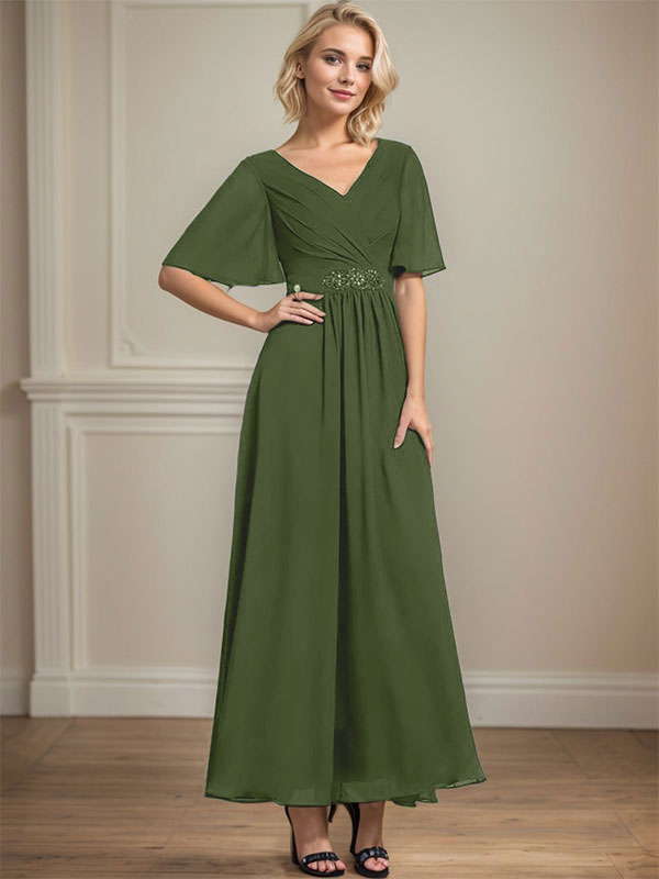 A-Linien V-Ausschnitt Knöchellanges Chiffon Kleid für die Brautmutter mit plissierten Perlen und Pailletten
