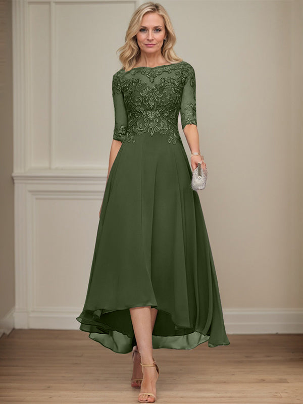 A-Linien Bootsausschnitt Illusionskleid mit asymmetrischem Chiffon-Spitzenstoff, Mutter-der-Braut-Kleid mit Paillettenperlen