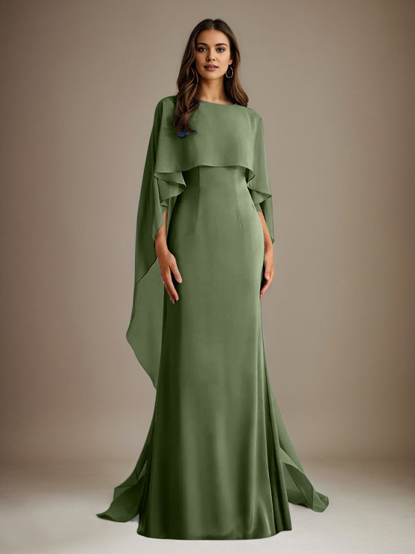 Etuikleid/Säulenkleid Bootsausschnitt bodenlanges Chiffon Mutter-des-Braut-Kleid mit kaskadierenden Rüschen