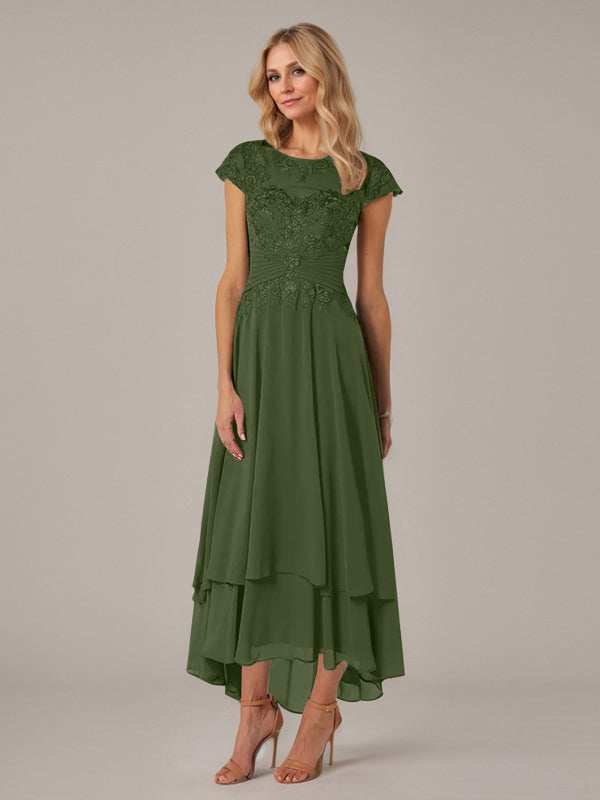 A-Linien Boot-Ausschnitt Illusions asymmetrisches Chiffon-Spitzen Mutterkleid der Braut mit Applikationsfalten