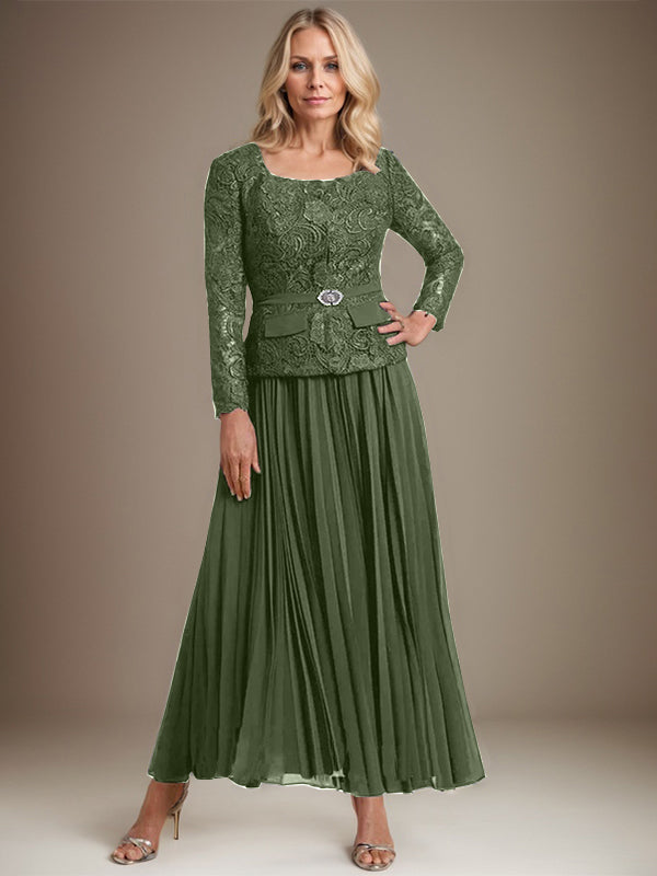 A-Linien-Kleid mit quadratischem Ausschnitt, knöchellang, Chiffon, Mutter der Braut, mit Falten