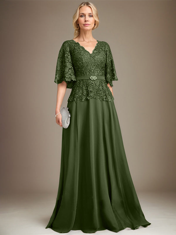 A-Linien V-Ausschnitt Bodenlanges Chiffon-Spitzen Mutter-der-Braut-Kleid mit Kristallbrosche und Strass