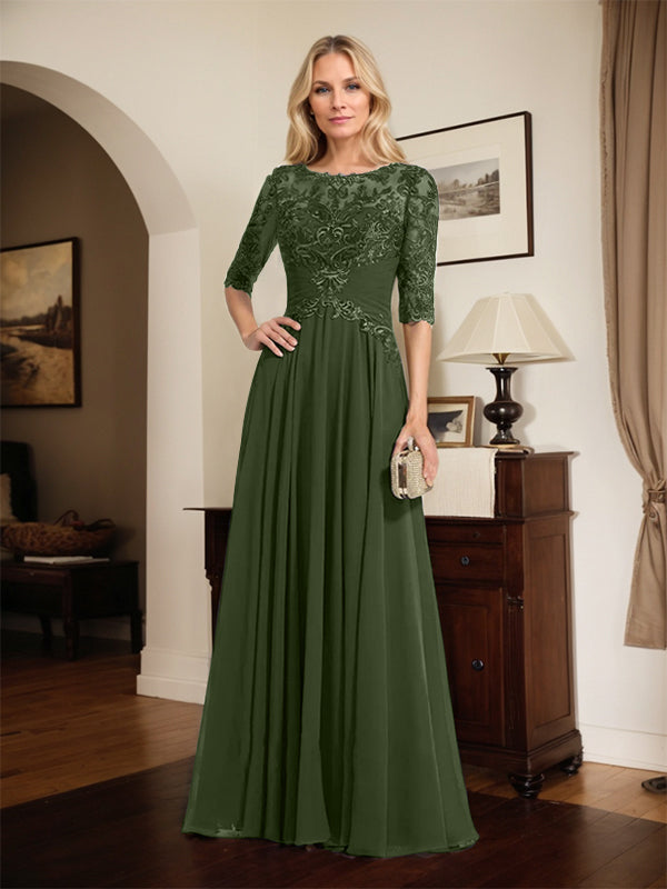 A-Linien Ausschnitt Illusions-Bodenlanges Chiffon-Spitzenkleid für die Mutter der Braut mit plissierten Pailletten