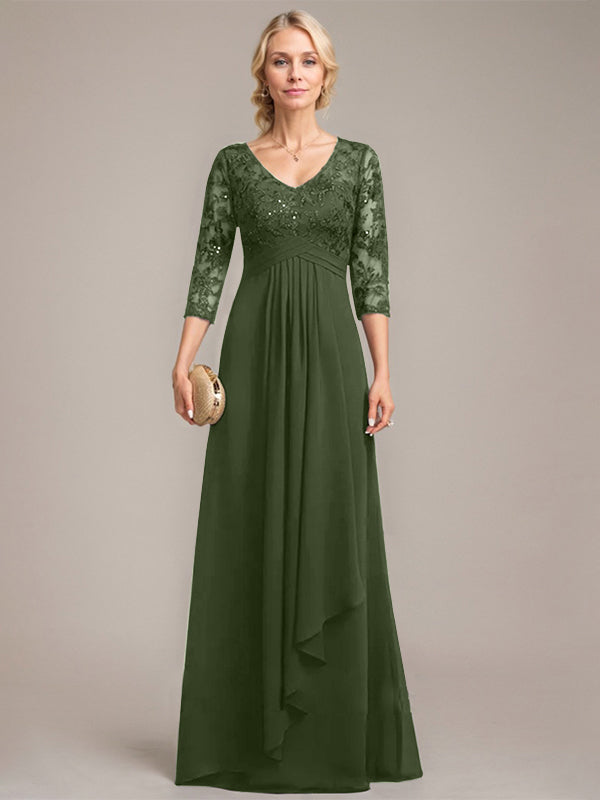 A-Linien V-Ausschnitt bodenlanges Spitzen-Chiffonkleid für die Mutter der Braut mit kaskadierenden Rüschen und Pailletten