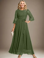 A-line Scoop Ankle-Length Lace Chiffon Mother of the Bride Dress With Bow