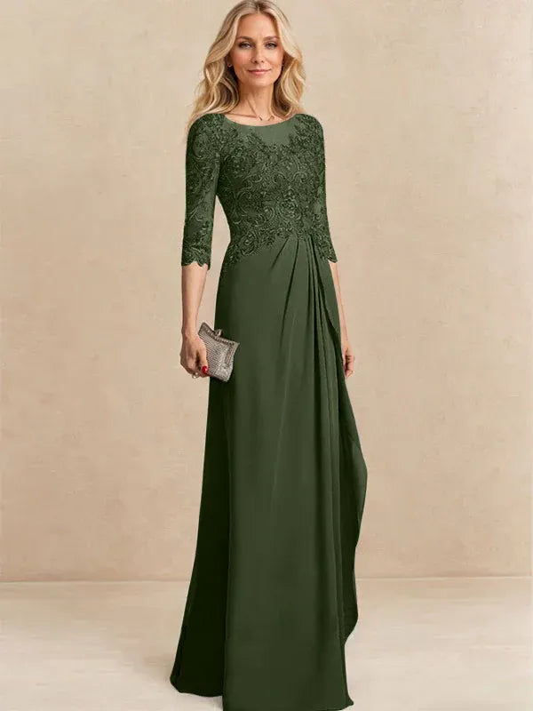 Vestido para la madre de la novia línea A con escote redondo ilusión, largo hasta el suelo, de gasa y encaje con cuentas, lentejuelas y volantes en cascada