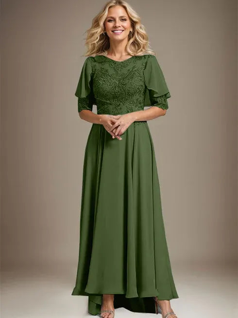 A-Linien Kleid mit Scoop-Ausschnitt, Illusion, asymmetrischem Chiffon und Spitzen, Mutter-der-Braut-Kleid mit Perlenbesatz