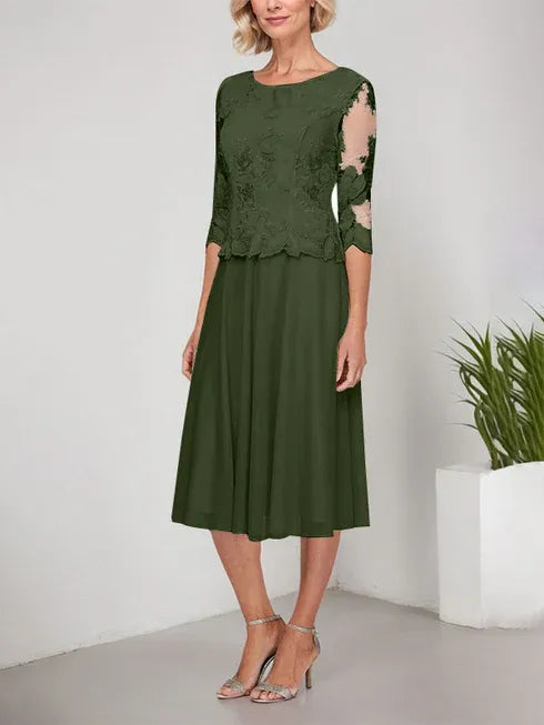 A-Linie Rundhals Tee-Länge Spitze Chiffon Mutter-der-Braut-Kleid mit Stickerei