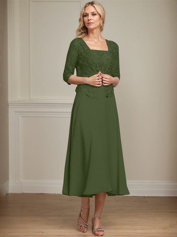 Robe de mère de la mariée en mousseline et dentelle ligne A longueur thé avec perles et sequins
