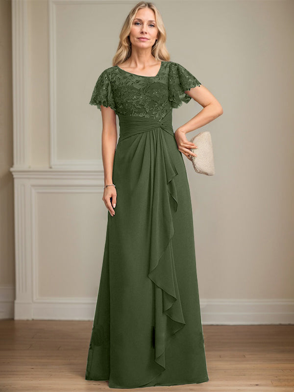 A-Linie asymmetrisches Illusions bodenlanges Spitzen-Chiffon Brautmutterkleid mit kaskadierenden Volants und Pailletten