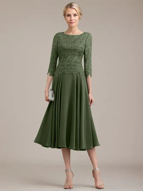 A-Linien Kleid mit Rundhalsausschnitt, tea-länge, Spitze und Chiffon, Mutter der Braut Kleid