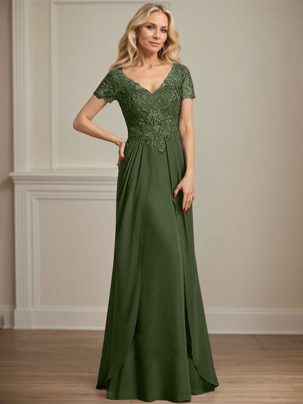 A-Linien Chiffon-Spitzen-Mutter-der-Braut-Kleid mit V-Ausschnitt, bodenlang