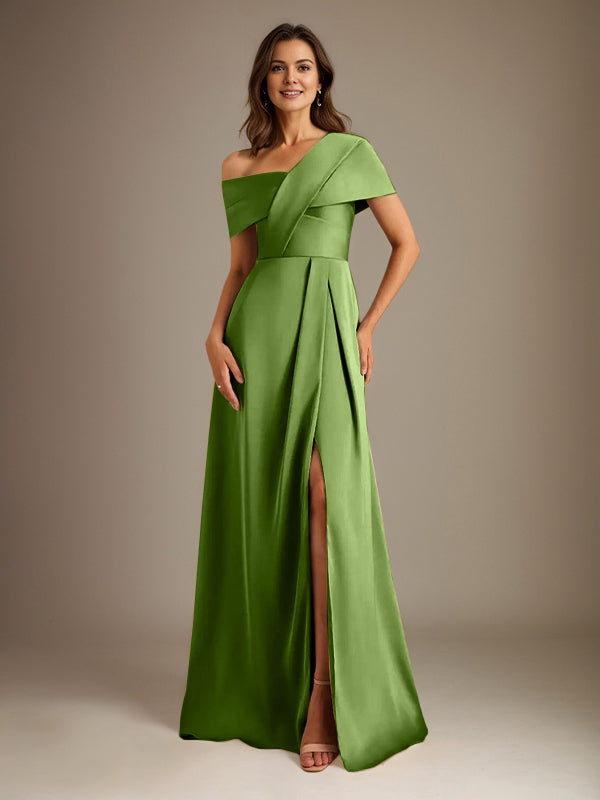 A-Linien asymmetrischer Ausschnitt bodenlanges Satin-Brautkleid für die Brautmutter mit Falten